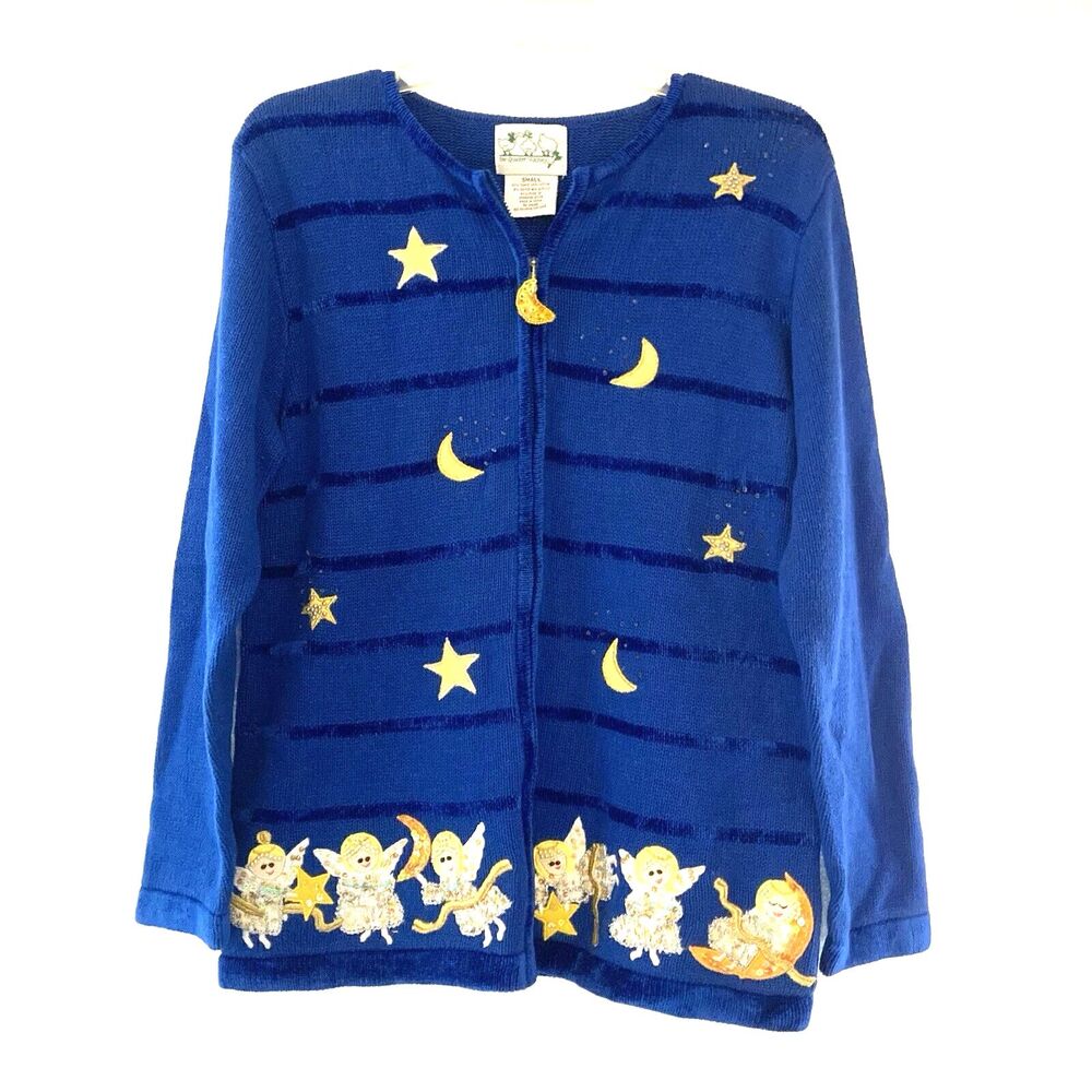 Quacker Factory Women’s Christmas Sweater S Zip Up Angels Starry Night Beads Vtg